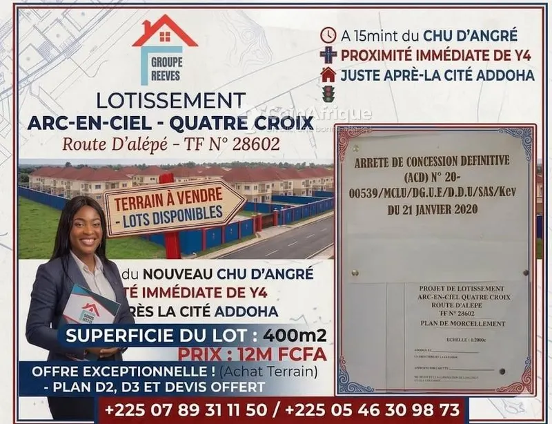 Terrain 300-500 m² semi-viabilisé — Cocody Angré 12e tranche