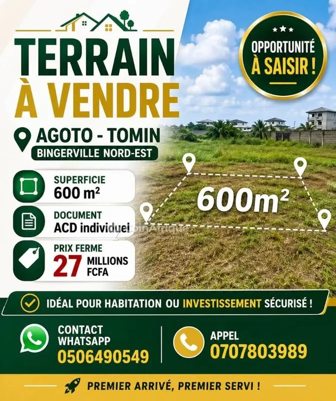Terrain 600 m² — Bingerville Agoto-Tomin